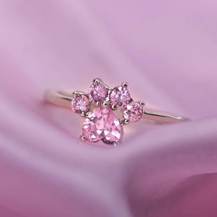 Wholesale Cute cartoon open adjustable cat paw cat footprint zircon ring
